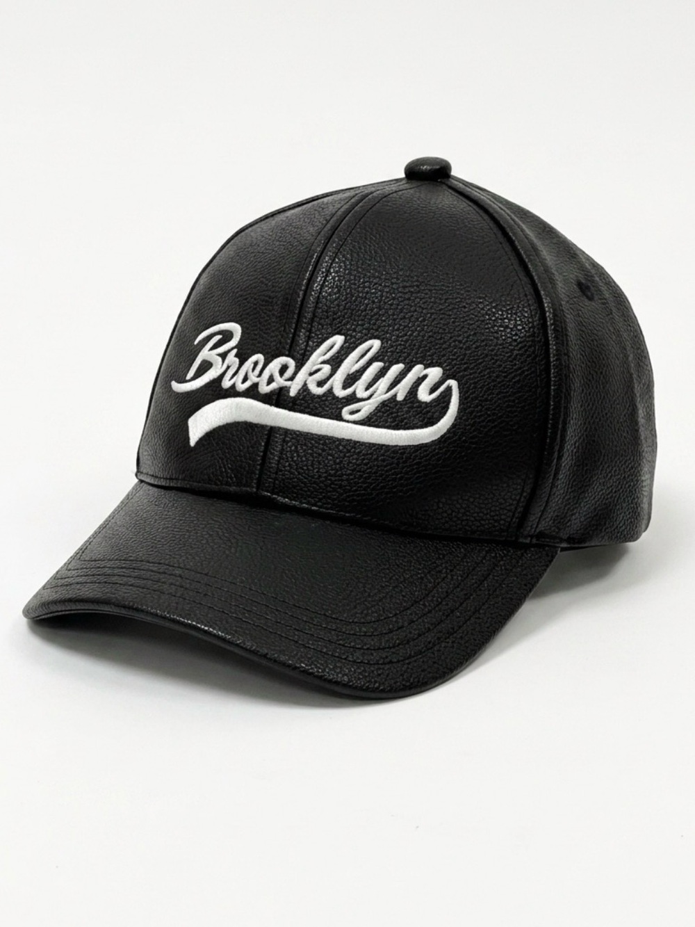 Brooklyn Script Black Faux Leather Baseball Cap